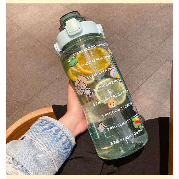 ((READY)) BAKUL UNIK - YIBEN Botol minum pastel jumbo 2L seperti Quifit / botol transparant bening tumbler 2 liter-Hijau bening
