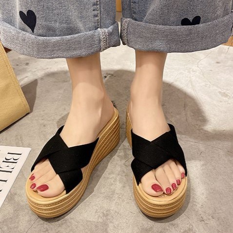 Sandal Wedges Wanita Tinggi Slop Elegan Sendal Hak Tinggi Perempuan Selop Simple SD-099