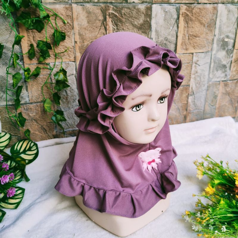 Jilbab baby anak lucu 3 4 5 6 7 8 9 bulan 1 2 tahun rempel ruffle kepala ( jilbab baby Haruka )