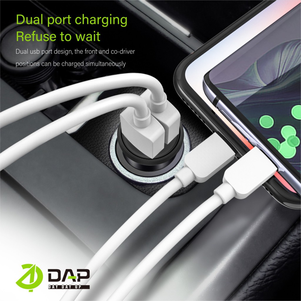 Car Charger - Motor Charger Free Kabel Micro Colokan Mobil 2 Ports 2.4A DAP Black Grey – D-CC2N Garansi 1 Tahun