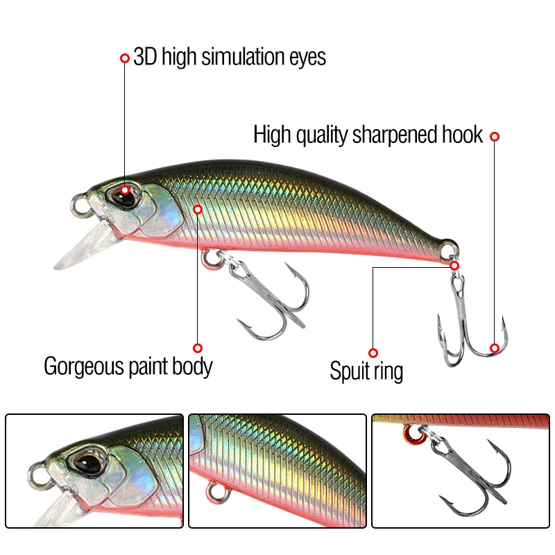 1pc Umpan Pancing Ikan Minnow 3D Bahan ABS Ukuran 5cm / 5g Dengan 2 Kail Treble