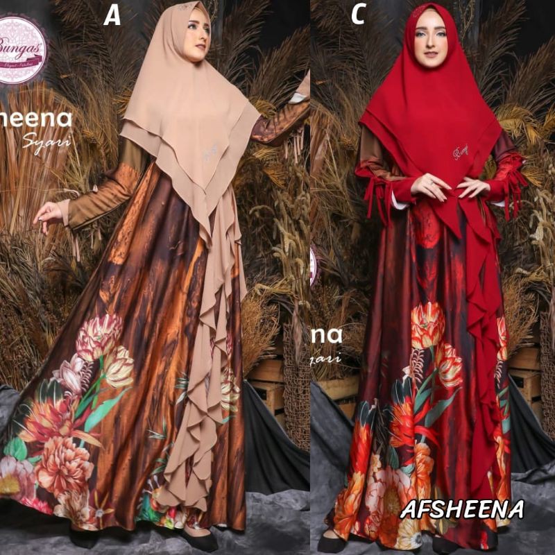 Afsheena Bungas / gamis syari bagian atas jersey premium kombinasi armani silk motif printing mewah