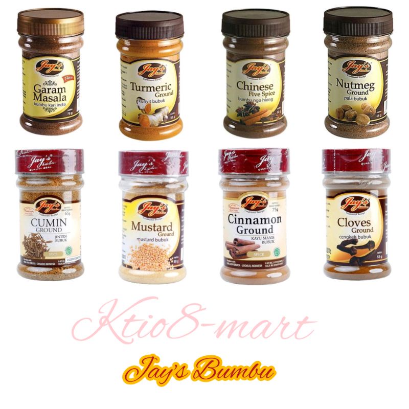

JAY'S Garam Masala/ Turmeric Ground/ Chinese Five Spice/ Nutmeg/ Ground Cumin/ Mustard/ Cinnamon/ Cloves/ Bumbu Dapur/ Rempah
