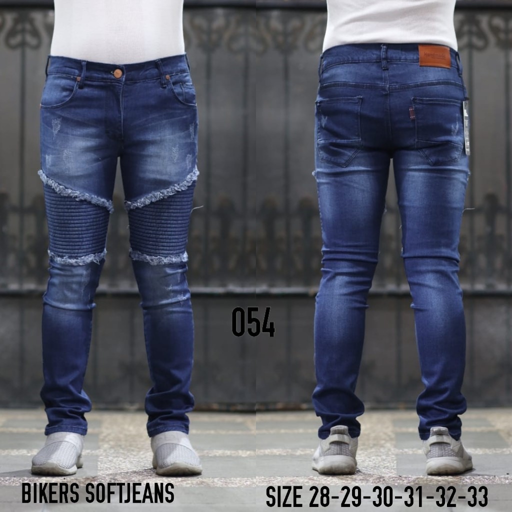 Celana Jeans Pria Skinny Biker Motor Ripped Knee Rips Sobek Robek Black Denim Streact Berkualitas