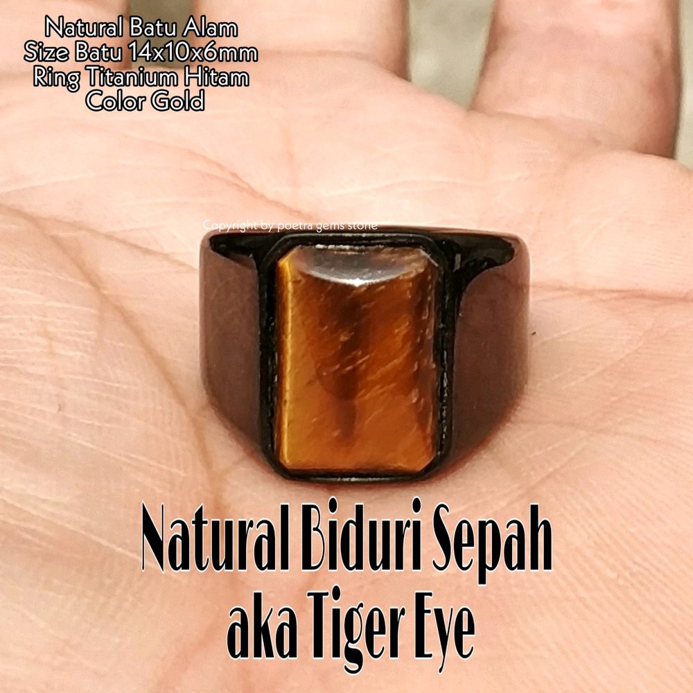 CINCIN BATU AKIK NATURAL BIDURI SEPAH AKA TIGER EYE MINIMALIS TITANIUM HITAM OCTAGON