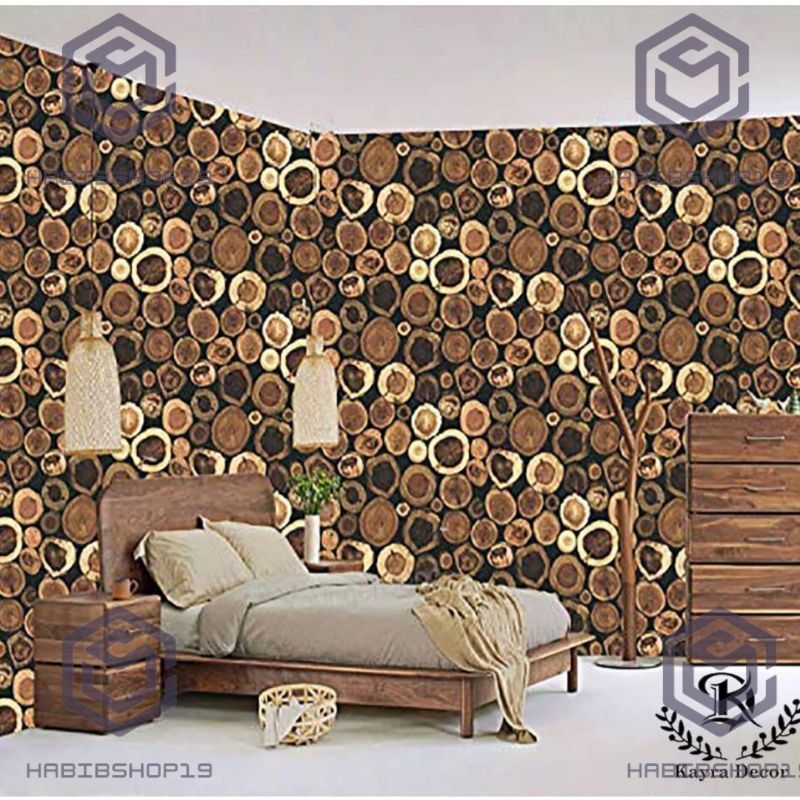 Wallpaper Sticker Dinding Motif Kayu Potong 3D 10mx45cm