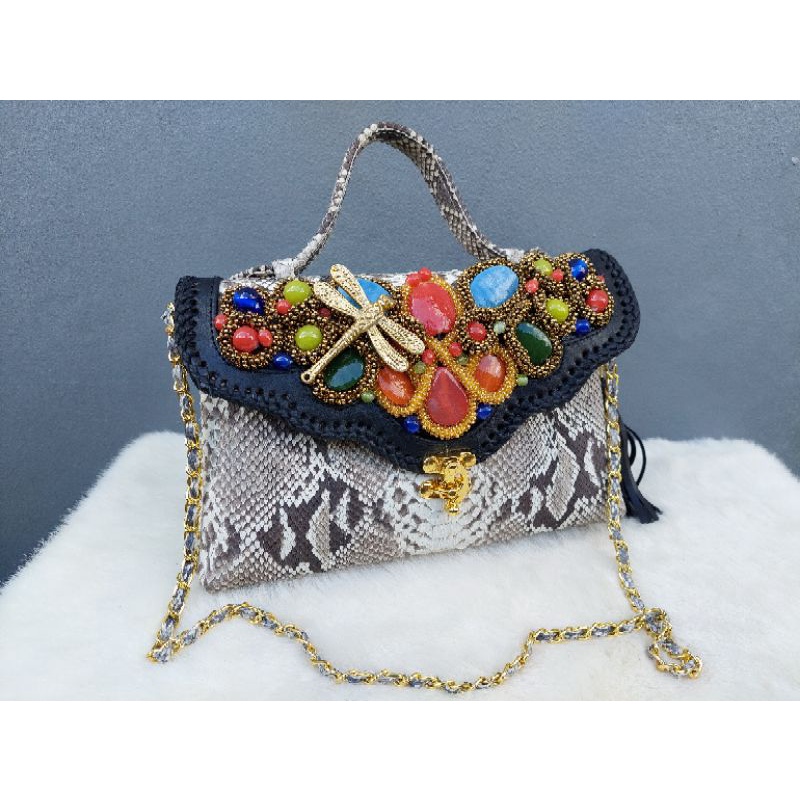Clutch Pesta Maia Size S Warna Natural - Clutch Model Awan Asli Tas Kulit Ular Piton - Tas Pesta Pit