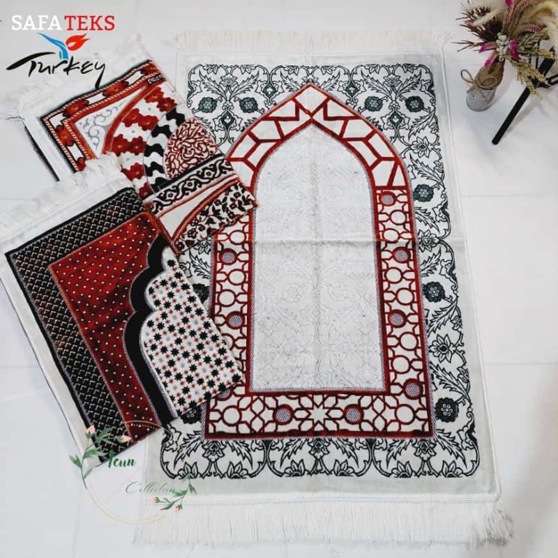 SAJADAH TURKI SAFATEX SIMLI,SAJADAH SESERAHAN HANTARAN PERNIKAHAN SOUVENIR,SAJADAH TEBAL DASAR PUTIH MOTIF WARNA TERBARU