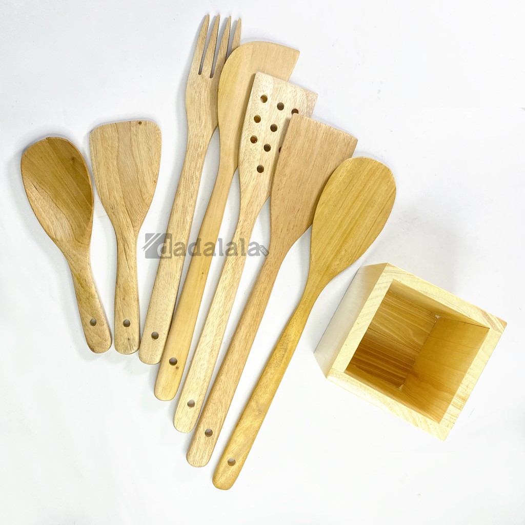 DADALALA Peralatan Dapur Set Isi 7 + Boks Kayu Pinus [FREE] Sendok Garpu T