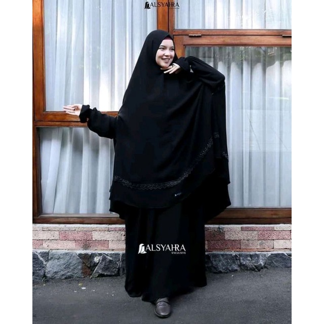 Set Khimar Syari Handzipper Altaj Size XXL Niqab Poni Jetblack Alsyahra Exclusive