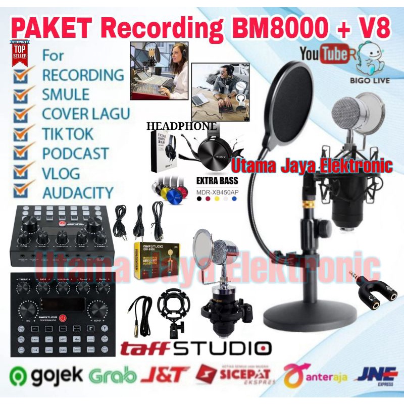 Paket Microphone BM800 Soundcard V8 Stand Meja Pop Filter Home Recording Terbaik