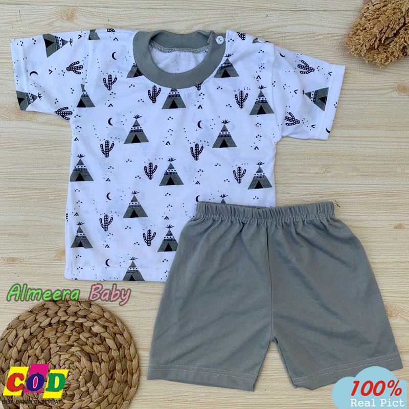 Setelan Baju Bayi Setelan Piyama Bayi Lengan Pendek Kancing Pundak Motif Piramida Usia 3-12 Bulan Almeera Baby and Kids