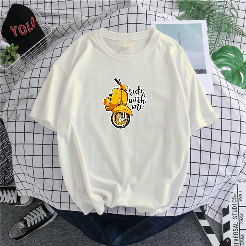 Kaos Distro Dewasa Ride With Me Skuter Kuning Sablon Digital