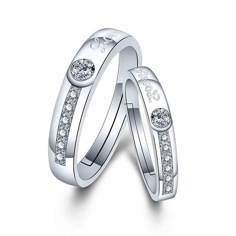 2pcs 925 Silver Cincin Pasangan Berlian Kristal Cincin Pernikahan Pasangan yang Dapat Disesuaikan Couple Ring Crystal Diamond Couple Wedding Adjustable Rings