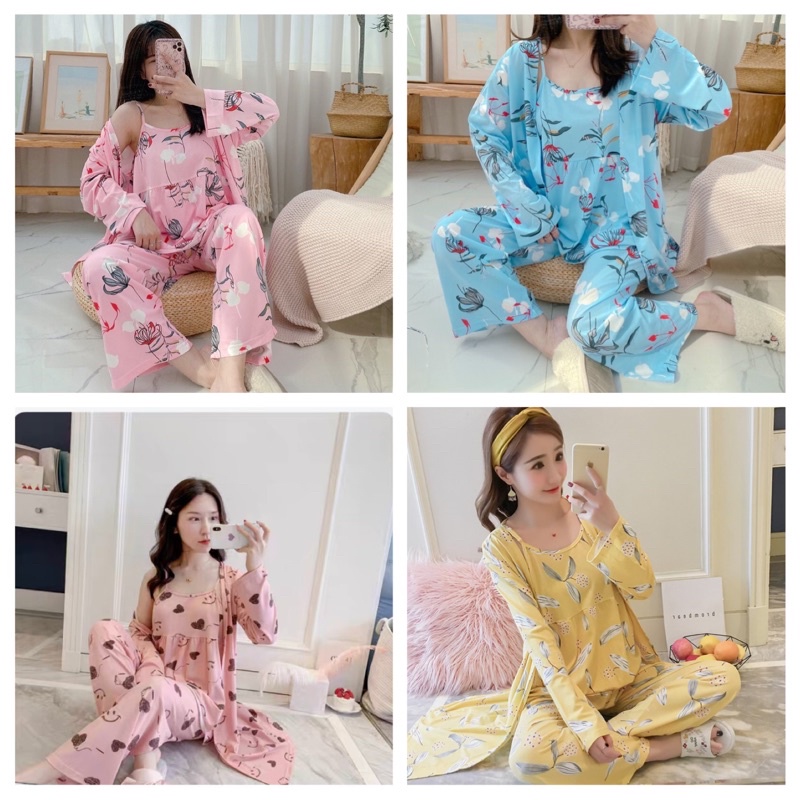 KZ_Stelan kimono 3in1 pp import / set baju tidur kimono 3in1 pp kekinian / Stelan kimono pp terbaru