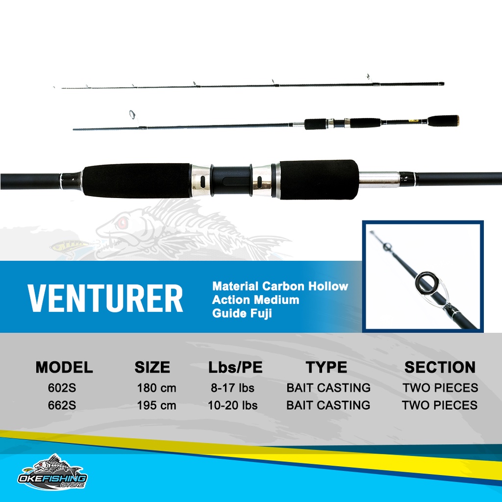 Joran Pancing Carbon Spinning Versus VENTURER – 2 Sambung, Hollow Carbon, 10–20 Lbs, 7 Ring Guide