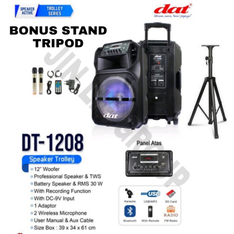 GROSIR SPEAKER DAT DT1208 PORTABLE BLUETOOTH 12 inch FREE STAND TRIPOD