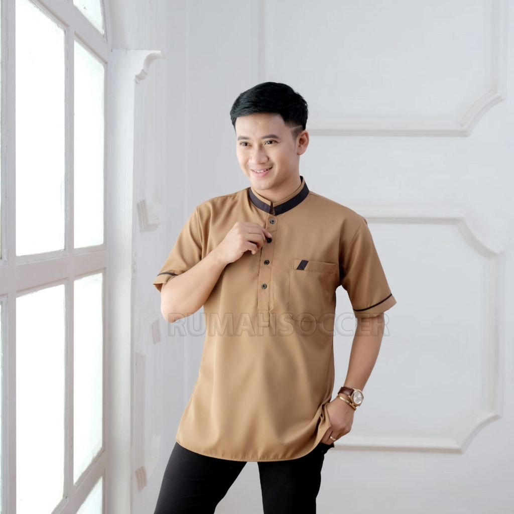 Baju Koko Pria FATHAN Lengan Pendek Atasan Muslim Pria Dewasa Polos Tersedia Ukuran S M L XL XXL
