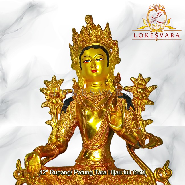 Patung Rupang Arca Logam Tara Hijau 12inch Full Gold