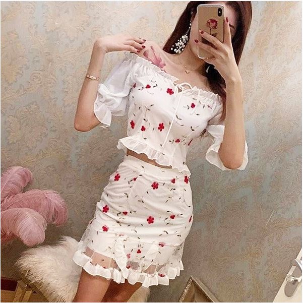 JES-PS3086 set top blouse sabrina rok mini import korea-baju pesta party