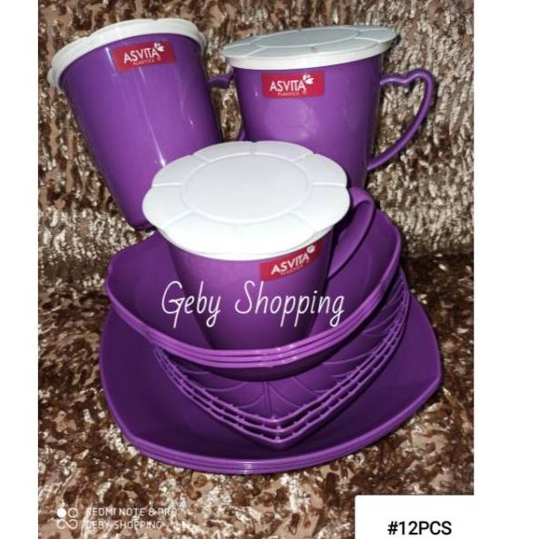 Kemasan Baru.. ASVITA 9 12 PCS PAKET CANTIK PIRING SET MANGKOK DAN GELAS PLASTIK HIJAU 9PCS 12PCS UN
