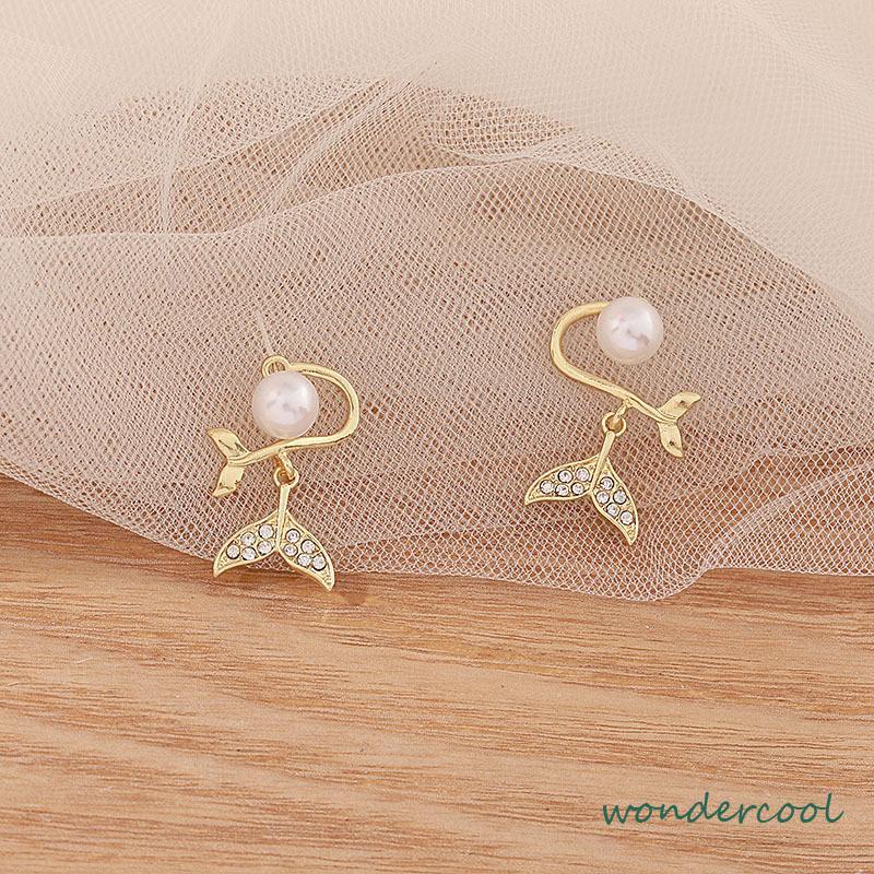 Pearl Fishtail Back Hanging Earrings Wanita High-end Cahaya Mewah Penuh Berlian Anting Geometris-Won