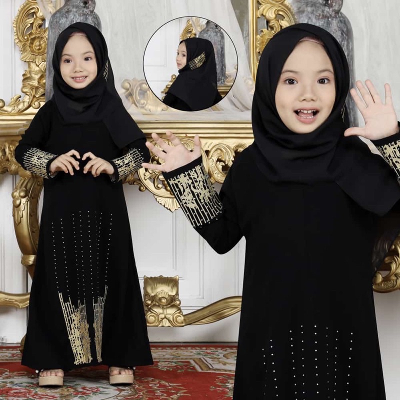 GAMIS SYAR’I ABAYA ANAK MUMBAI GOLD + PASMINA CANTIK LUCU MURAH COD