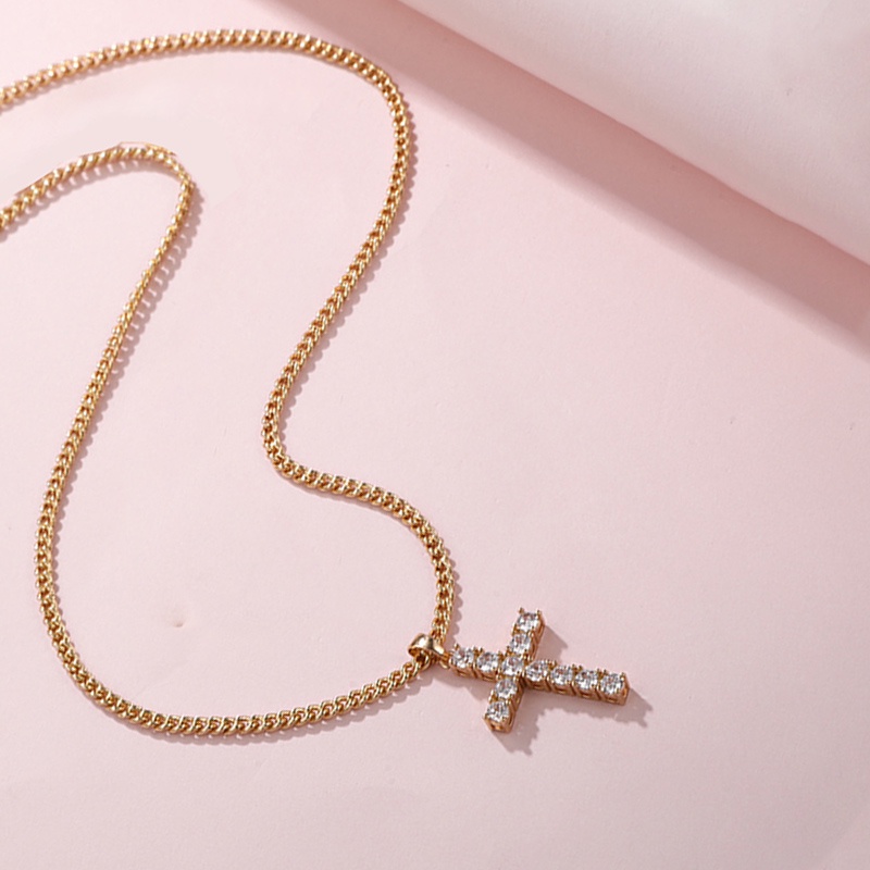 Retro Cross Kalung Emas Cubic Zirconia Hias Wanita Fashion Aksesori Hadiah - ol