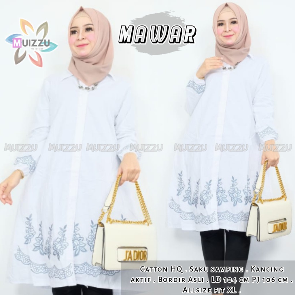 ANDINE TUNIK  PUTIH  KATUN BORDIR  BUNGA MAWAR GBJ Shopee 