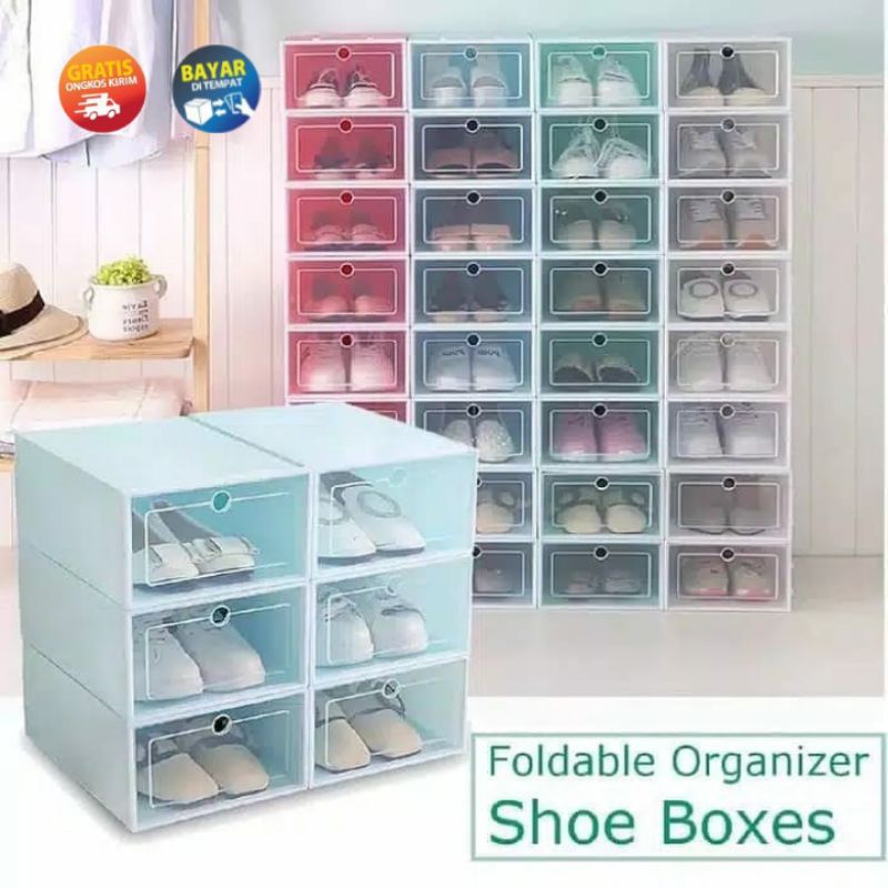 (SIAP KIRIM) Kotak sepatu TEBAL lipat serbaguna TEBAL TIDAK TIPIS Kotak Sepatu Lipat Transparan Tebal Shoes Storage Box Organizer Rak Sepatu Plastik Susun
