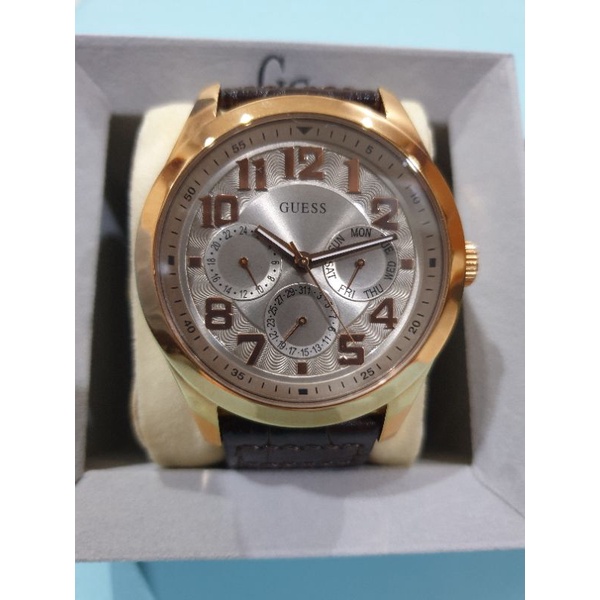 Preloved jam tangan second arloji pria Guess original gold coklat water resistant stainless steel