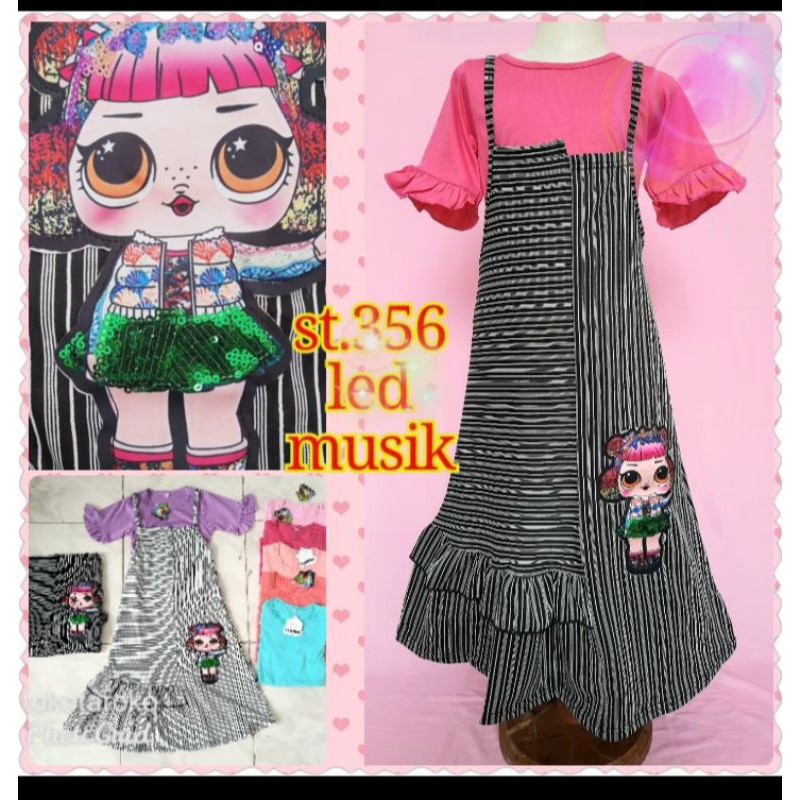 Set overall longdress anak LOL LED MUSIK 2-7 Tahun / set gamis anak lol led musik taroko