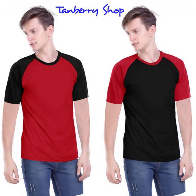  Kaos  Raglan Polos  Lengan  Pendek  Kombinasi Merah Hitam 