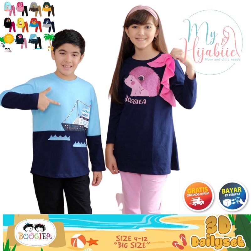 Boogiea Kids Setelan Panjang Anak Laki Laki Perempuan - Set Kaos Cewek Cowok Usia 4 6 8 10 12 Tahun