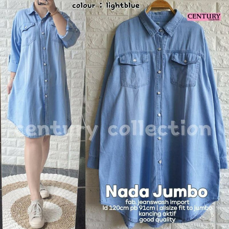 Nada Jumbo, TUNIK JEANS WANITA JUMBO CANTIK FIT XXXL LD 120 BAHAN JEANS WASH IMPORT TERMURAH OOTD MODIS