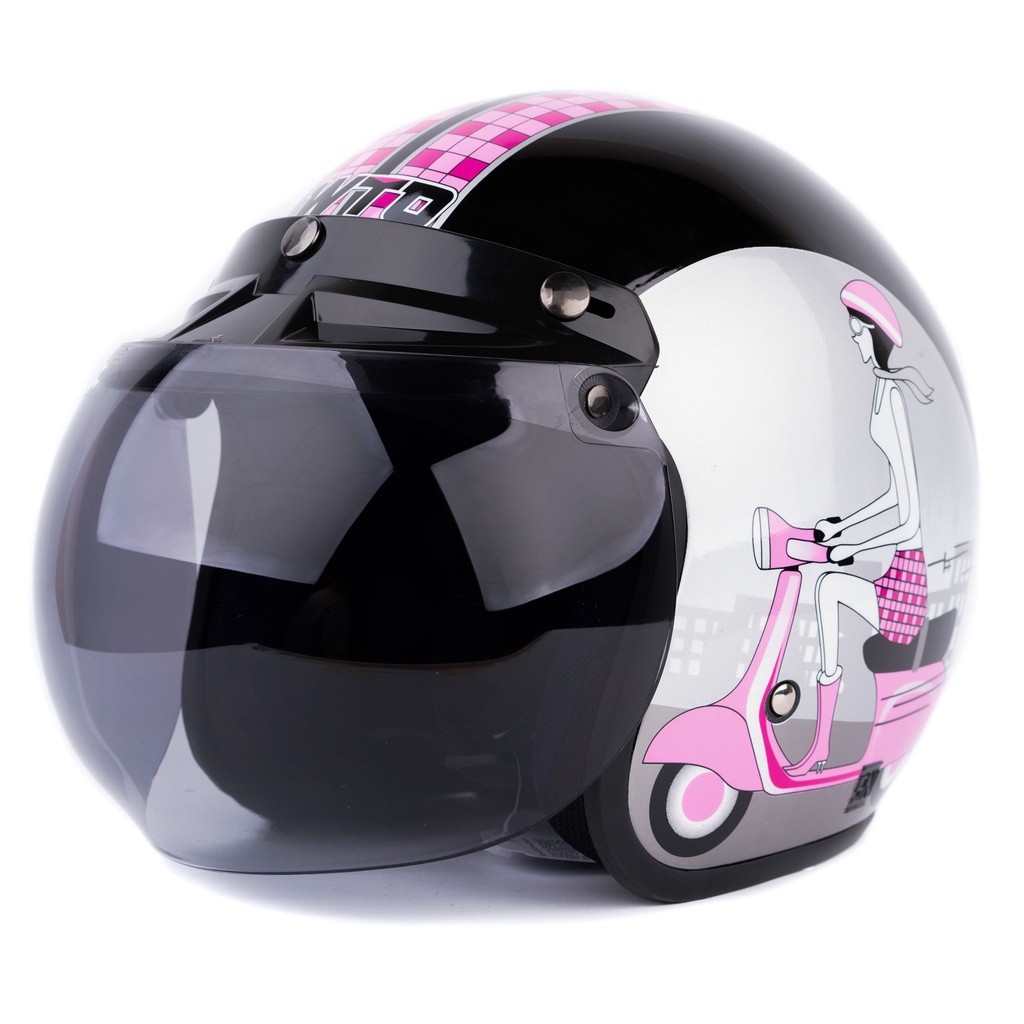 [Helm Dewasa] WTO Helm Retro - Vespa Girl - Hitam Pink