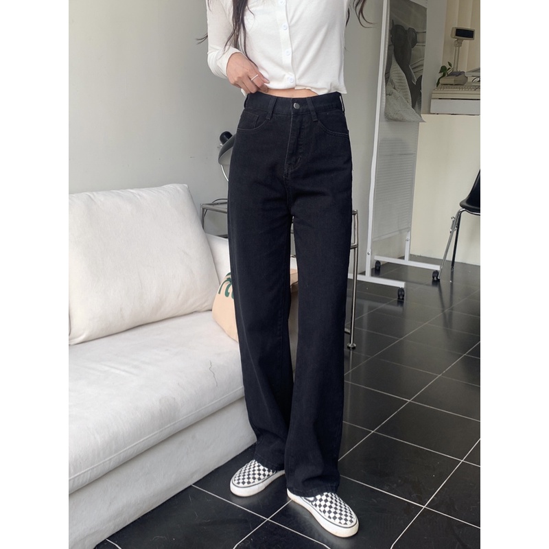 high waist  straight celana jeans panjang wanita hitam