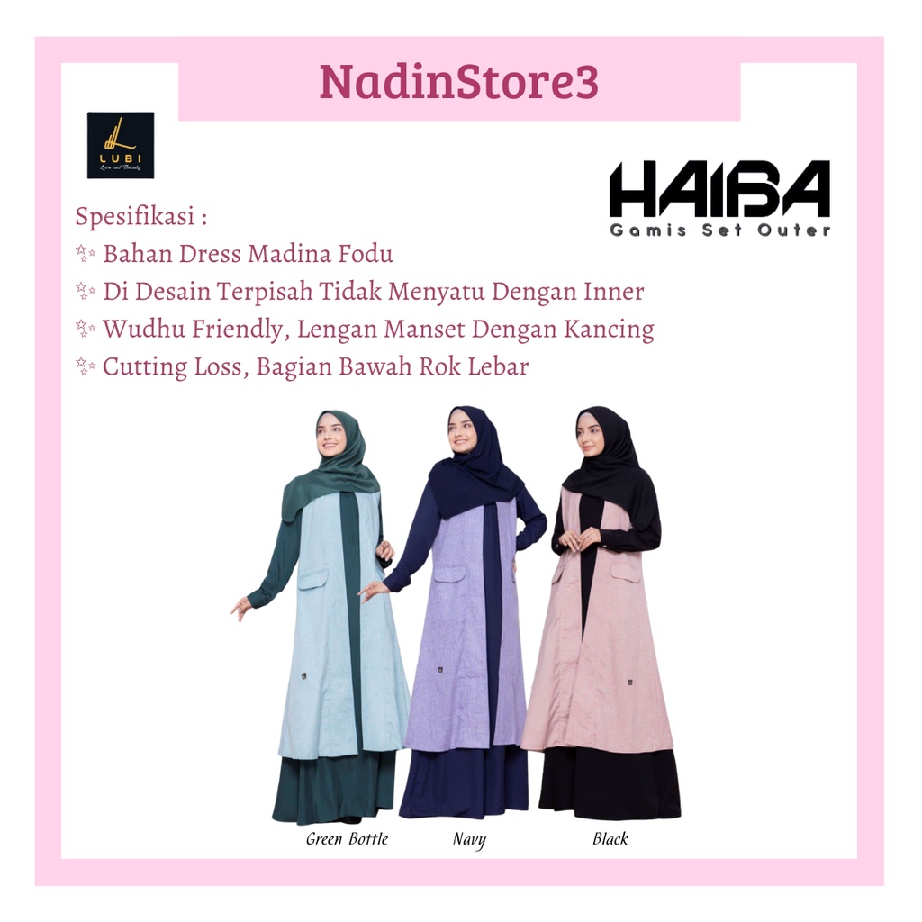 Haiba Dress Gamis Motif Polos + Outer Katun Madina Fodu Busui Friendly Fashion Muslimah