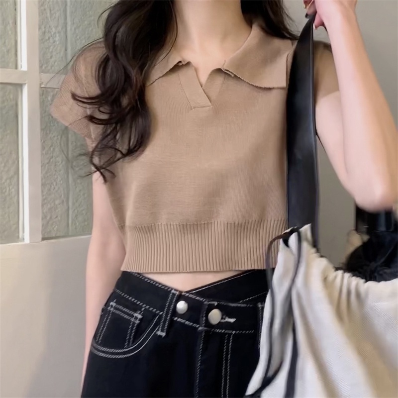 kaos rajut lengan pendek wanita knit polo T-shirt Crop Top V-nack Atasan