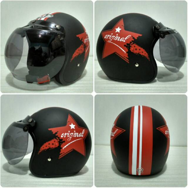 Helm Bogo JPN motif ORIGINAL hitam merah doff + kaca bogo cembung original