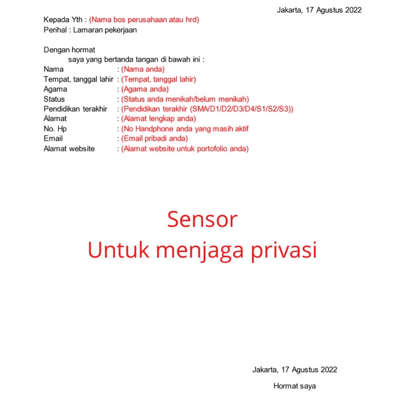 

Template lamaran pekerjaan bahasa Indonesia - TEMPLATE LAMARAN KERJA INDONESIA 1 (Cocok untuk Google Docs dan Microsoft Word)