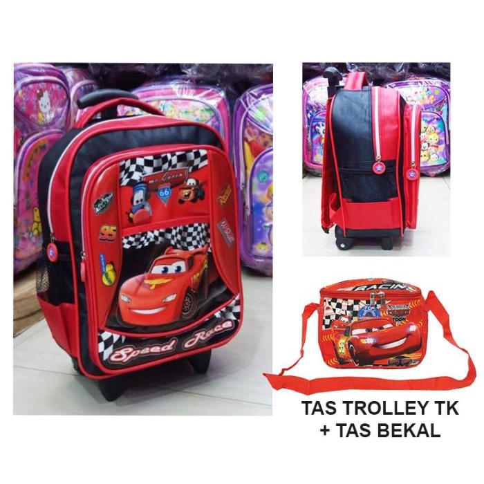 Tas Dorong Trolley Anak Tk Gambar Mobil Cars Mcqueen + Tas Bekal
