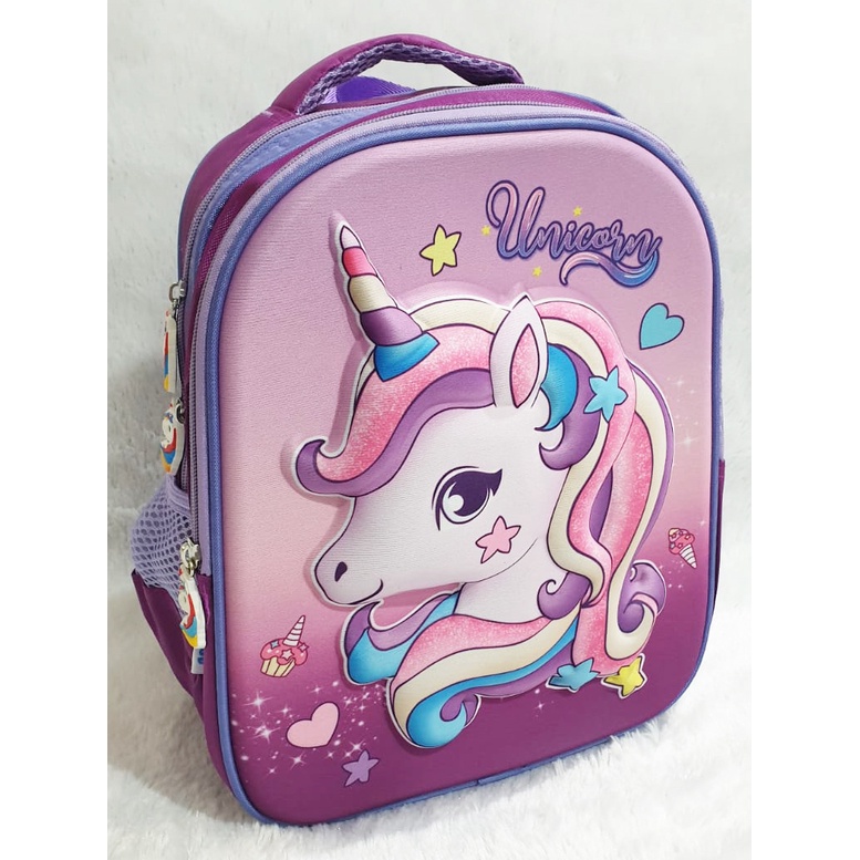 PROMO TAS TIMBUL TERMURAH Ransel 13&quot; TAS RANSEL ANAK SEKOLAH TK Perempuan Cantik GAMBAR KUDA PONY PIRANG UNGU LILAC 3D TIMBUL 2 RESLETING IMPORT ( PIRANG 3D 13&quot; )