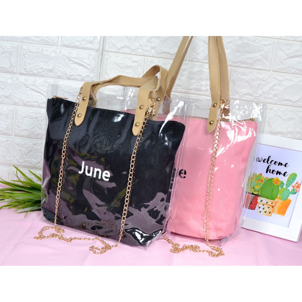 Tas Totebag transparan june import pouch canvas TM-3002