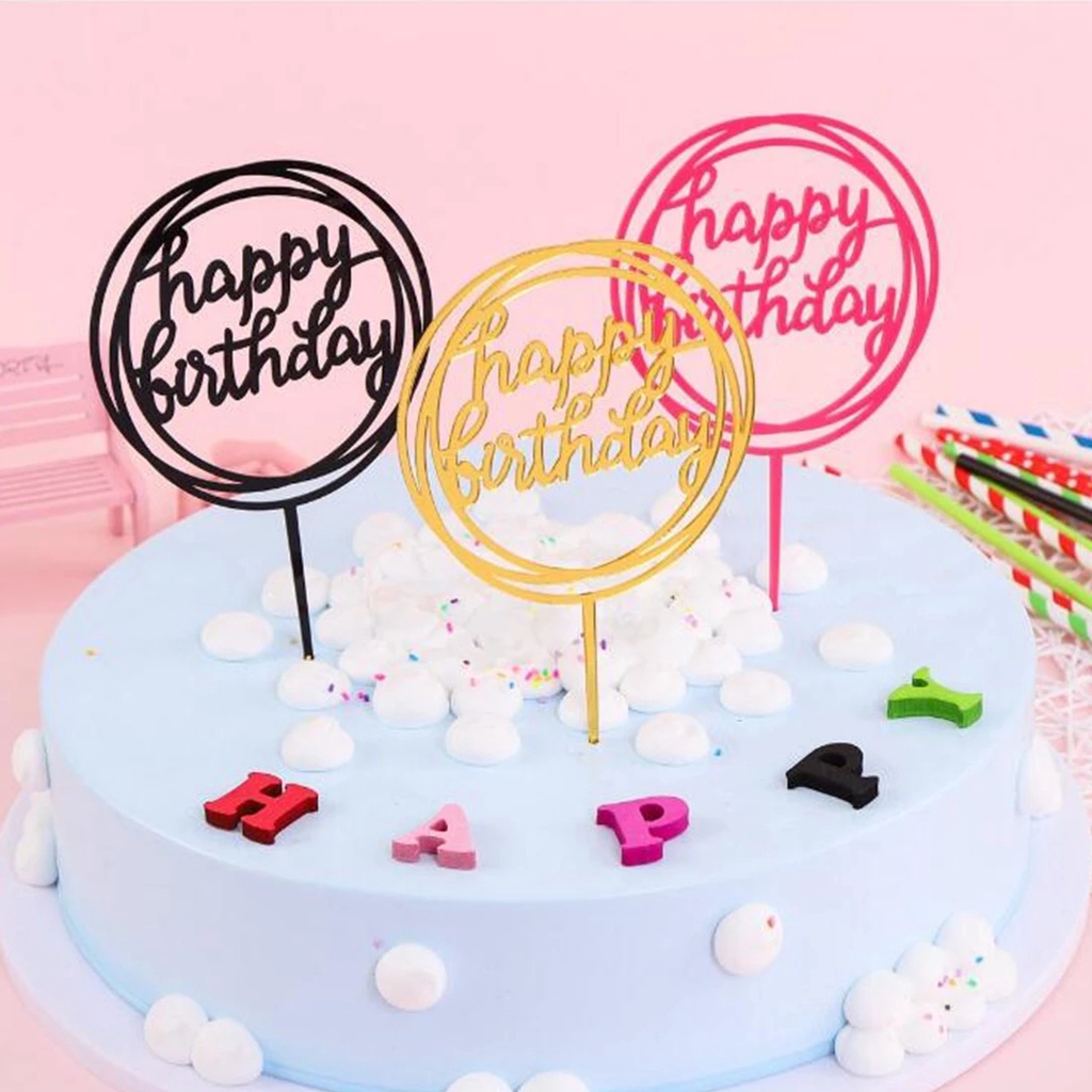 Topper Kue Desain Happy Birthday Bahan Akrilik Untuk Dekorasi Pesta Ulang Tahun / Pernikahan