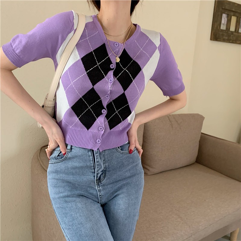 [Diskon Spesial]kardigan Rajut Korea Style crop top cardigan wanita belah ketupat print knit-7