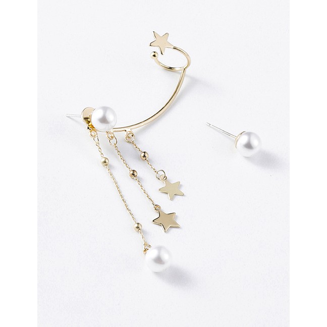 LRC Anting tusuk Fashion Golden Pentagram Tassel Pearl Ear Bone Earrings Integrated D78101