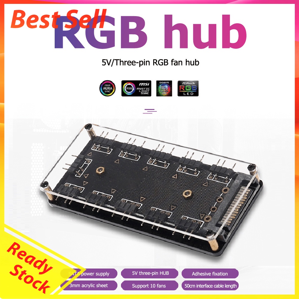 10 Ports RGB Fan HUB PC Desktop SATA Power 5V 3PIN ARGB Extension Splitter