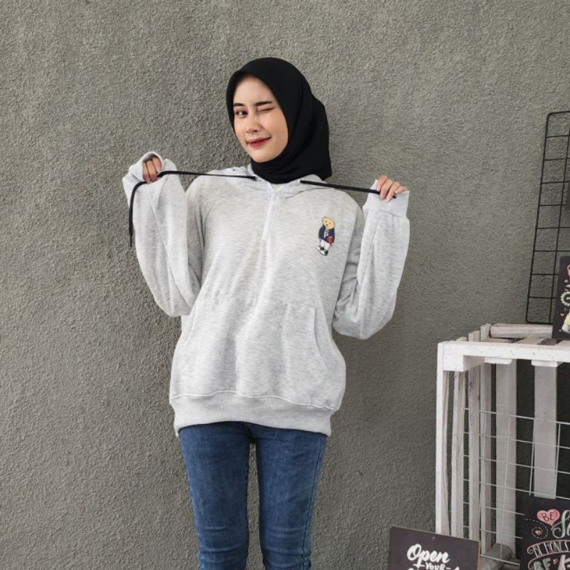 Sweater Hoodie Wanita School Bear Zipper