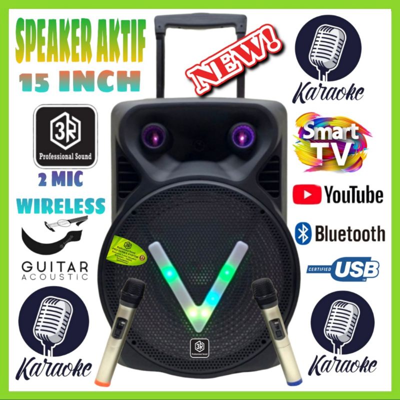 Speaker Portable 3R 15 Inch 2 Mic Wireless Karaoke Di Smart Tv Youtube DJ 1588